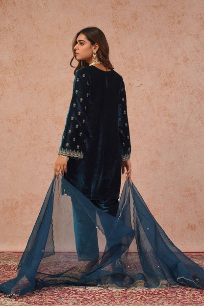 Elegant Navy Blue Color Embroidered Velvet Pant Suit Set