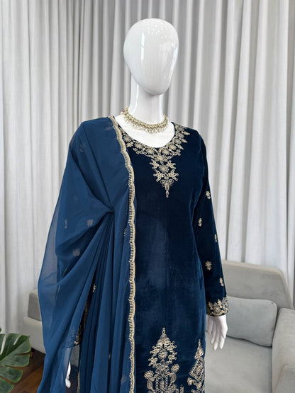 Elegant Navy Blue Color Embroidered Velvet Pant Suit Set