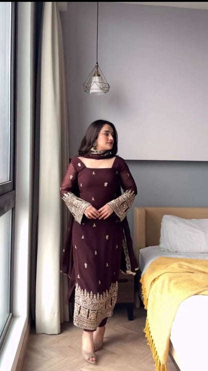 Festive Wear Brown Color Faux Georgette Salwar Suit Set