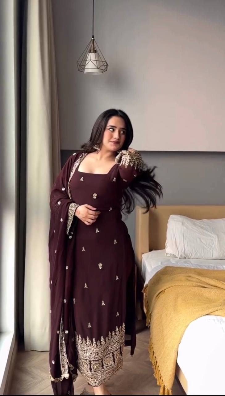 Festive Wear Brown Color Faux Georgette Salwar Suit Set