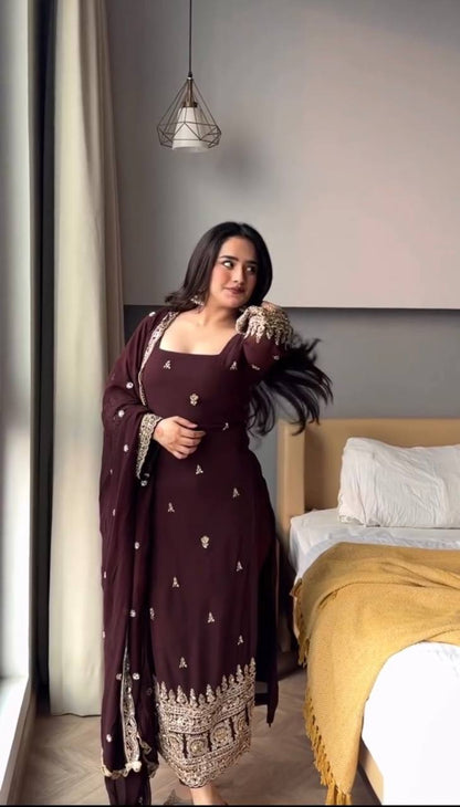 Festive Wear Brown Color Faux Georgette Salwar Suit Set