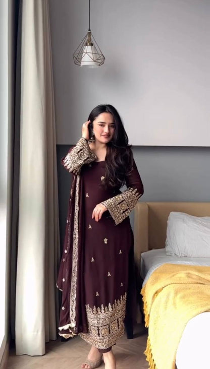 Festive Wear Brown Color Faux Georgette Salwar Suit Set