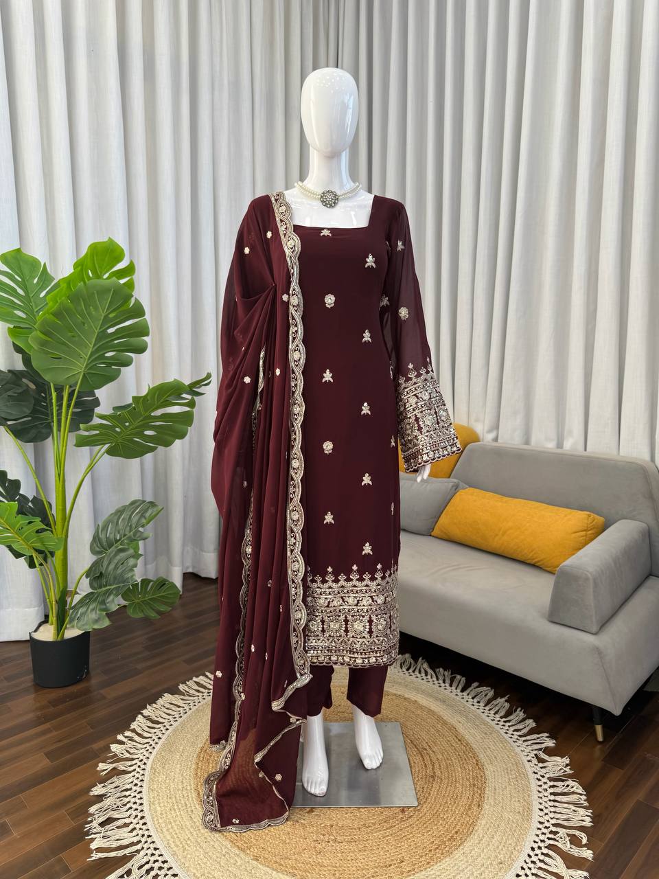 Festive Wear Brown Color Faux Georgette Salwar Suit Set