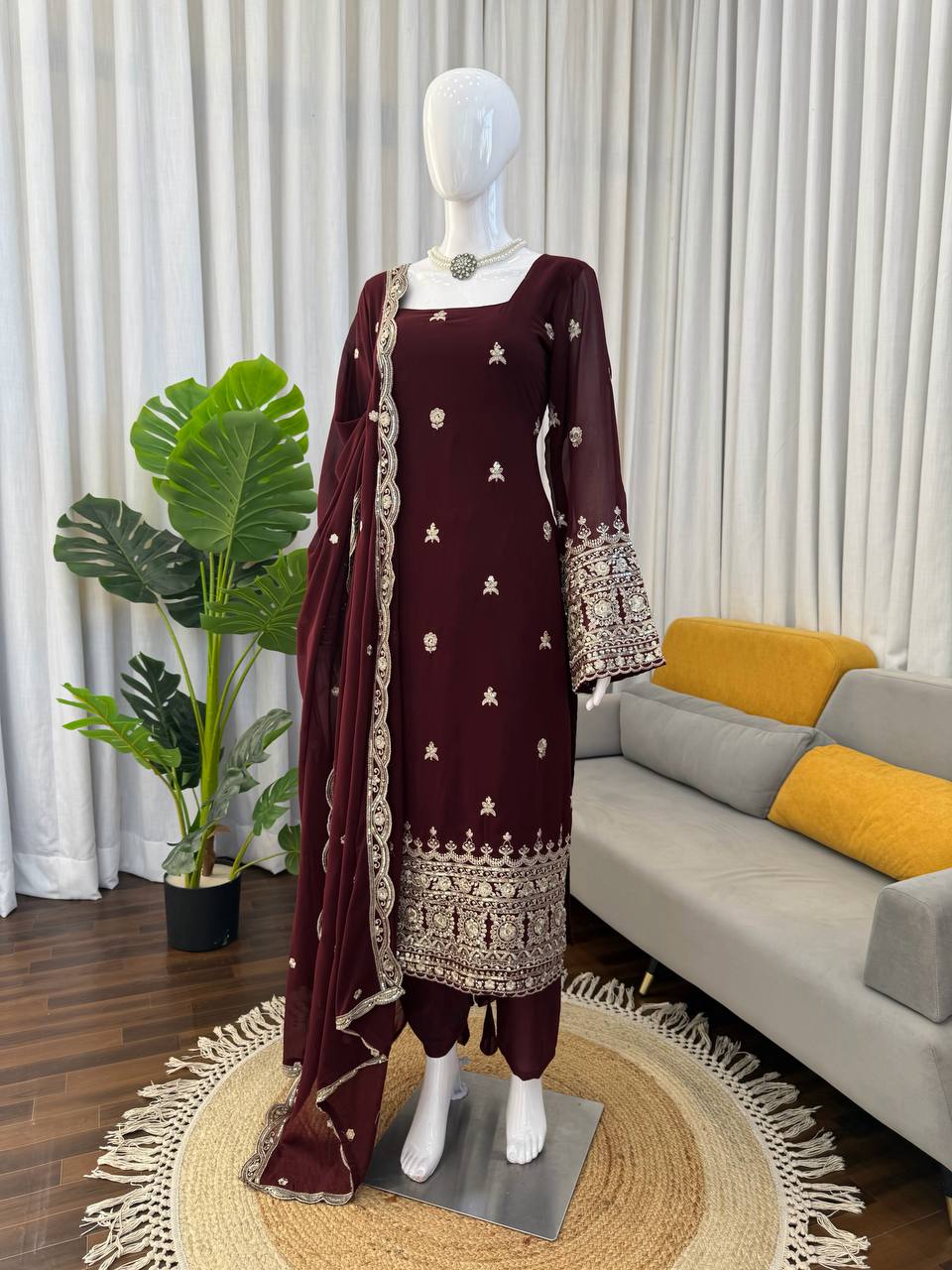 Festive Wear Brown Color Faux Georgette Salwar Suit Set