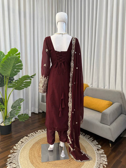 Festive Wear Brown Color Faux Georgette Salwar Suit Set