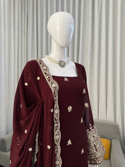 Festive Wear Brown Color Faux Georgette Salwar Suit Set