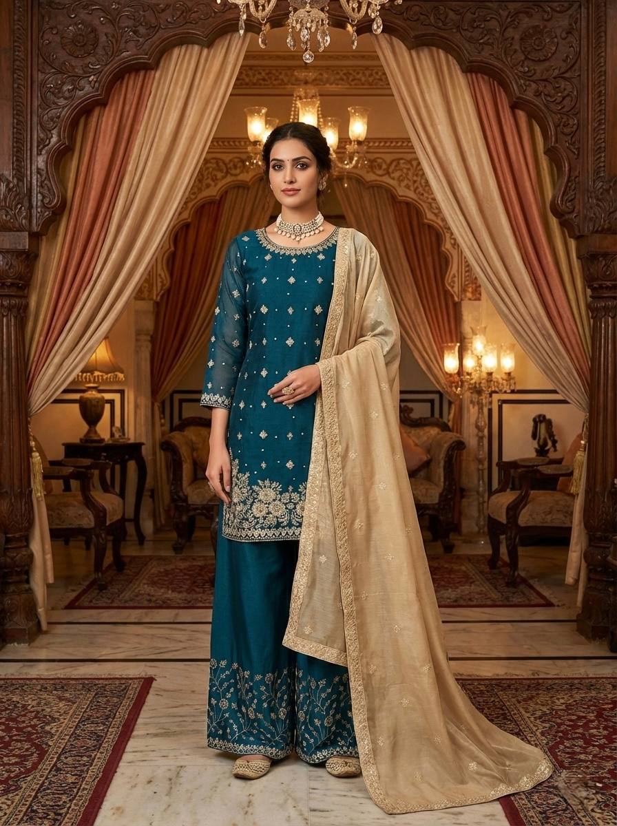 Wedding Wear Teal Color Silk Pearl Embroidered Palazzo Suit Set