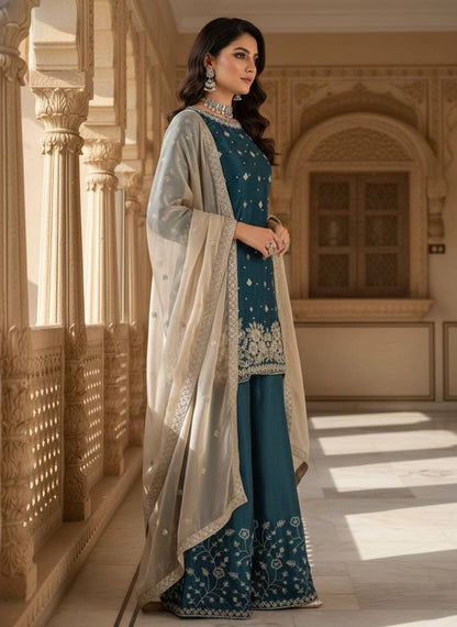 Wedding Wear Teal Color Silk Pearl Embroidered Palazzo Suit Set