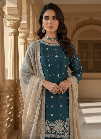 Wedding Wear Teal Color Silk Pearl Embroidered Palazzo Suit Set