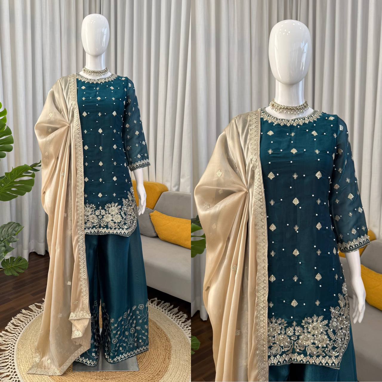 Wedding Wear Teal Color Silk Pearl Embroidered Palazzo Suit Set