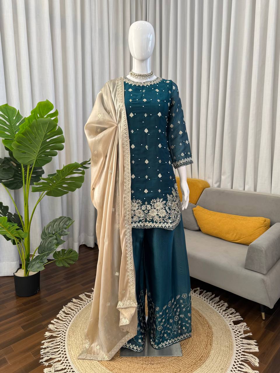 Wedding Wear Teal Color Silk Pearl Embroidered Palazzo Suit Set