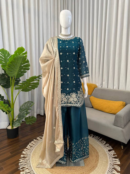 Wedding Wear Teal Color Silk Pearl Embroidered Palazzo Suit Set