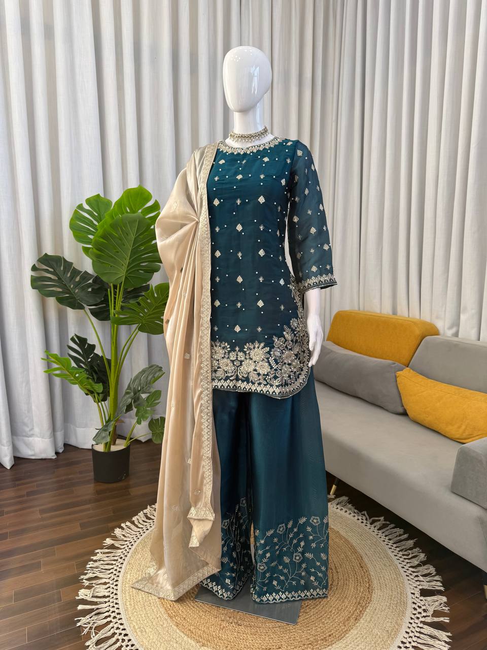 Wedding Wear Teal Color Silk Pearl Embroidered Palazzo Suit Set