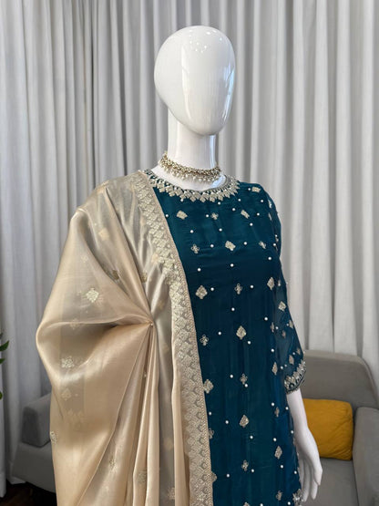 Wedding Wear Teal Color Silk Pearl Embroidered Palazzo Suit Set