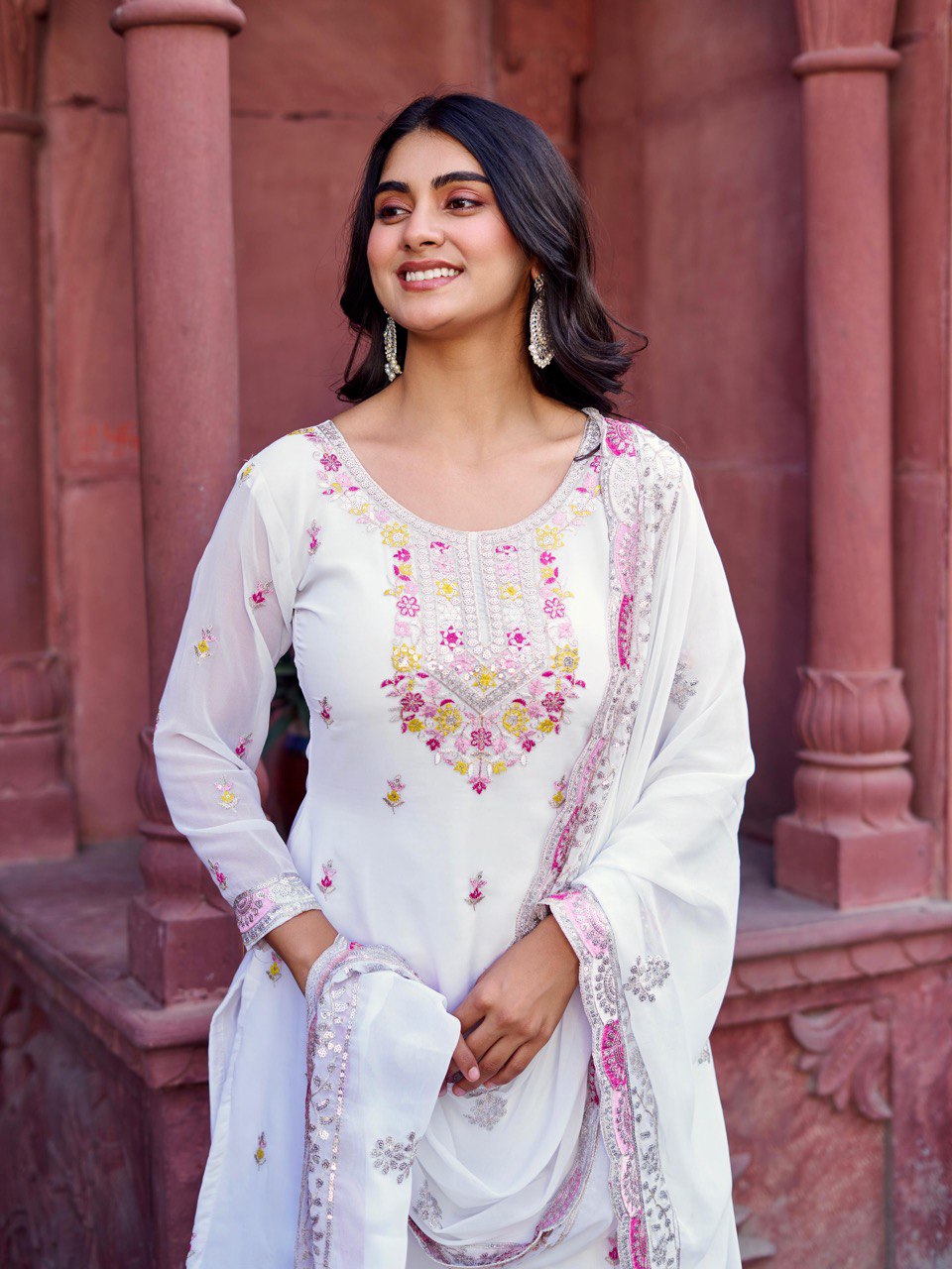 Festive Wear White Color Faux Georgette And Thread With Sequence Work Sharara Suit