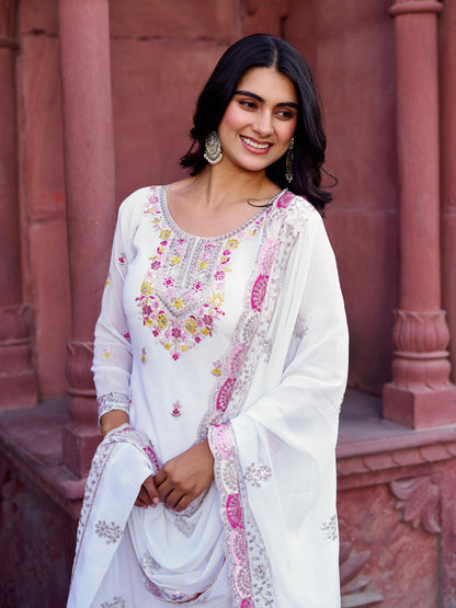 Festive Wear White Color Faux Georgette And Thread With Sequence Work Sharara Suit