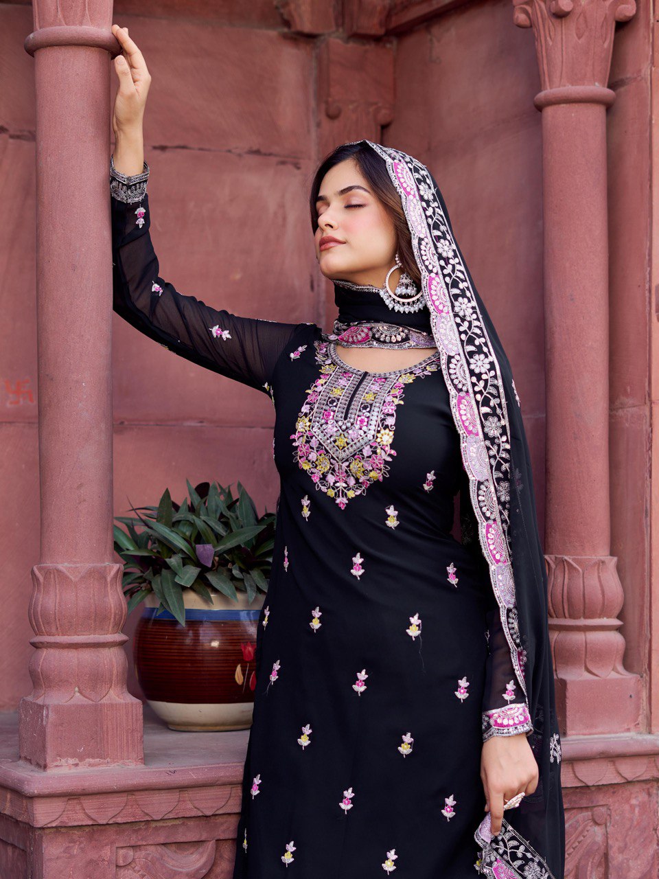 Festive Wear Black Color Faux Georgette And Thread With Sequence Work Sharara Suit
