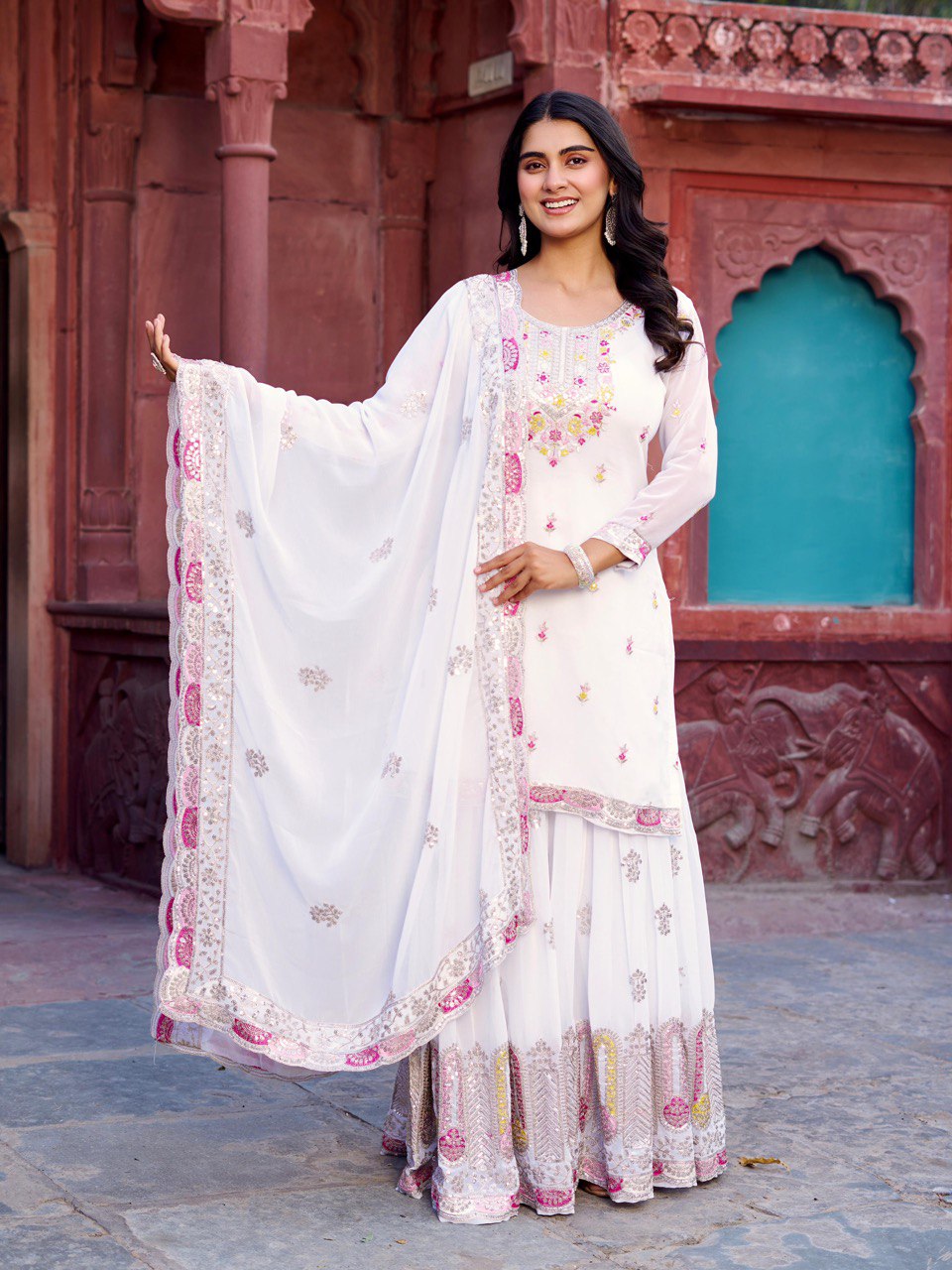 Festive Wear White Color Faux Georgette And Thread With Sequence Work Sharara Suit