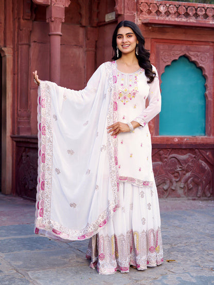 Festive Wear White Color Faux Georgette And Thread With Sequence Work Sharara Suit