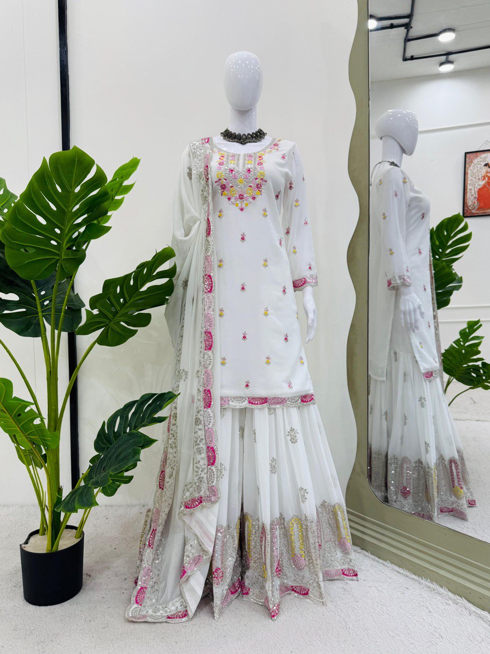 Festive Wear White Color Faux Georgette And Thread With Sequence Work Sharara Suit