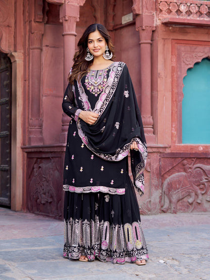 Festive Wear Black Color Faux Georgette And Thread With Sequence Work Sharara Suit