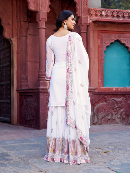 Festive Wear White Color Faux Georgette And Thread With Sequence Work Sharara Suit