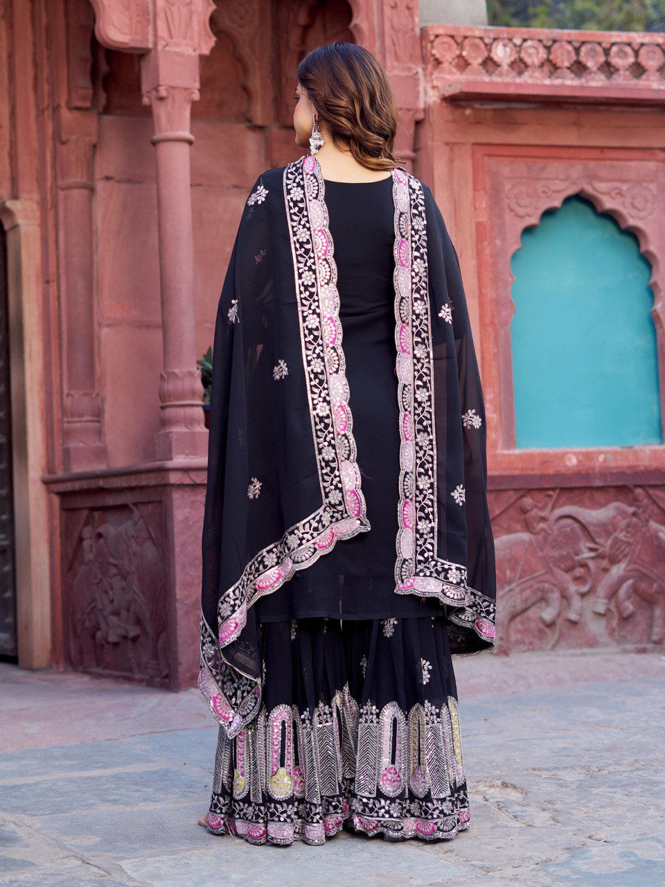 Festive Wear Black Color Faux Georgette And Thread With Sequence Work Sharara Suit