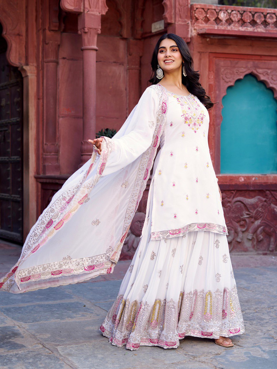 Festive Wear White Color Faux Georgette And Thread With Sequence Work Sharara Suit