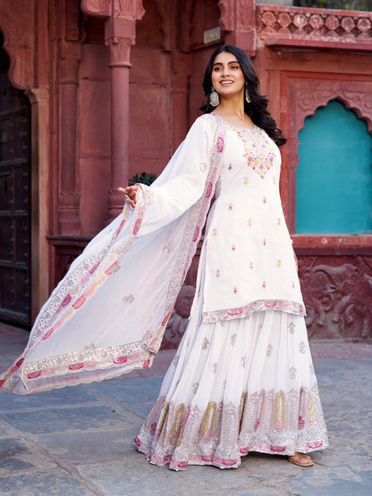 Festive Wear White Color Faux Georgette And Thread With Sequence Work Sharara Suit