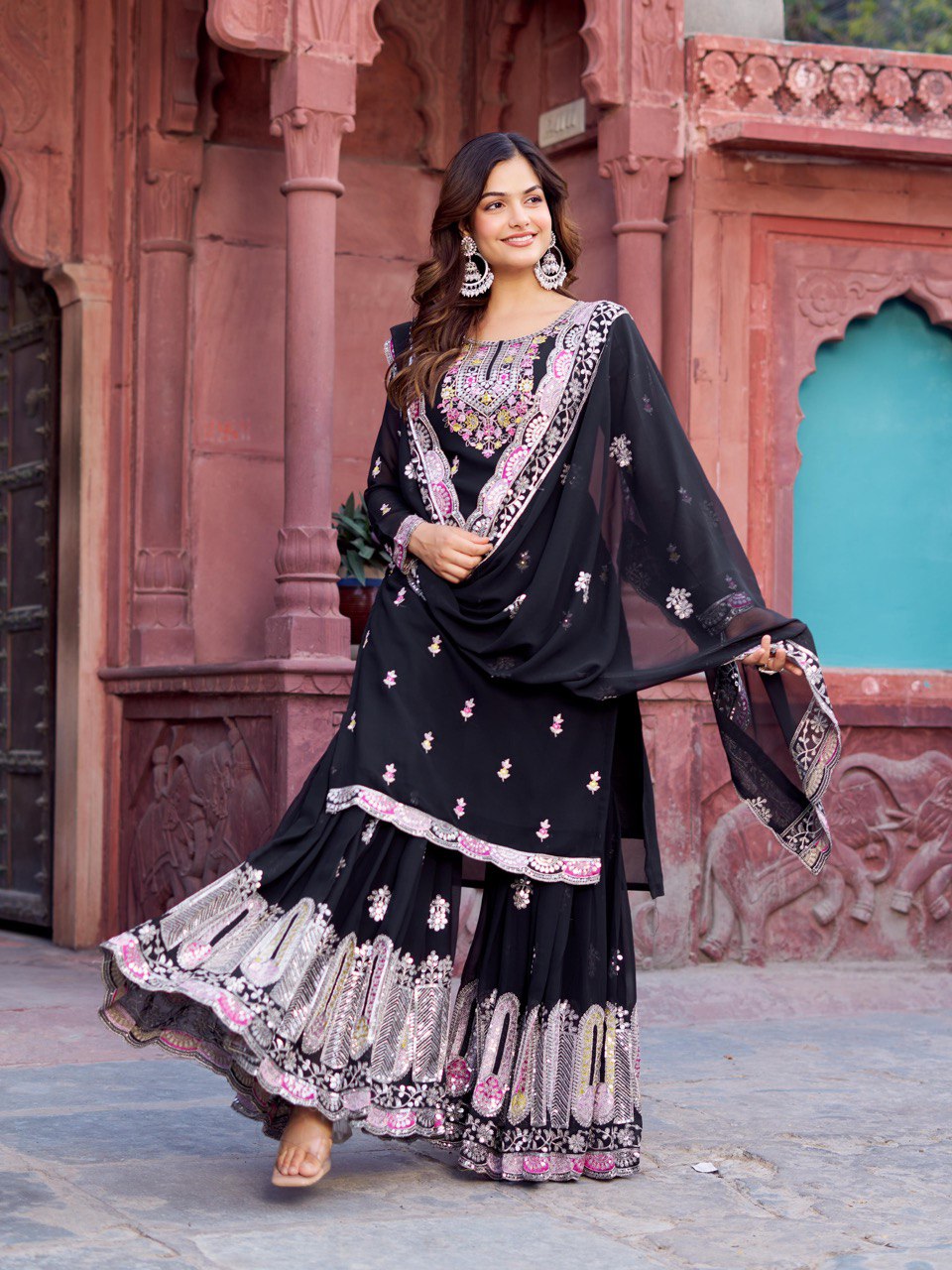 Festive Wear Black Color Faux Georgette And Thread With Sequence Work Sharara Suit