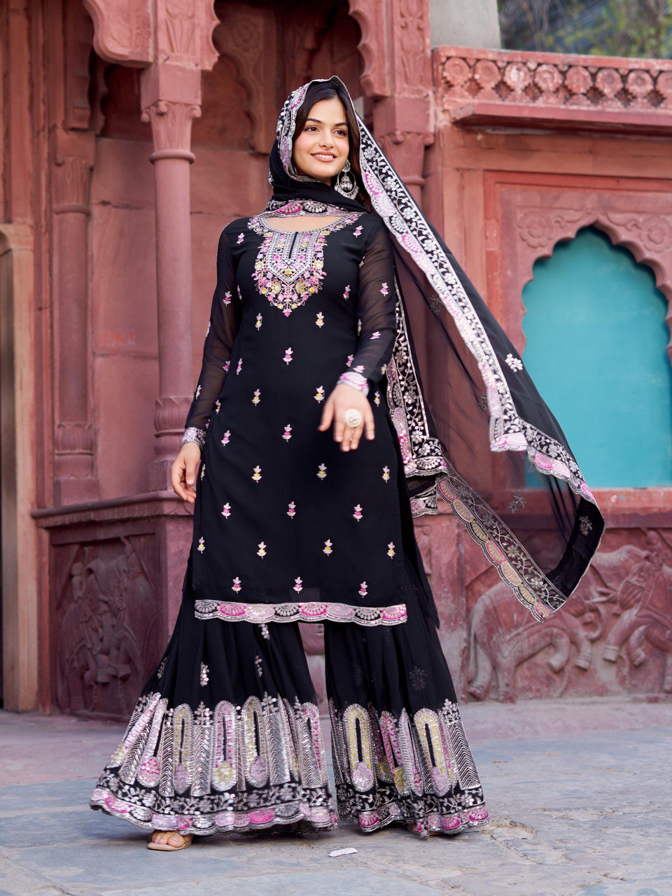 Festive Wear Black Color Faux Georgette And Thread With Sequence Work Sharara Suit