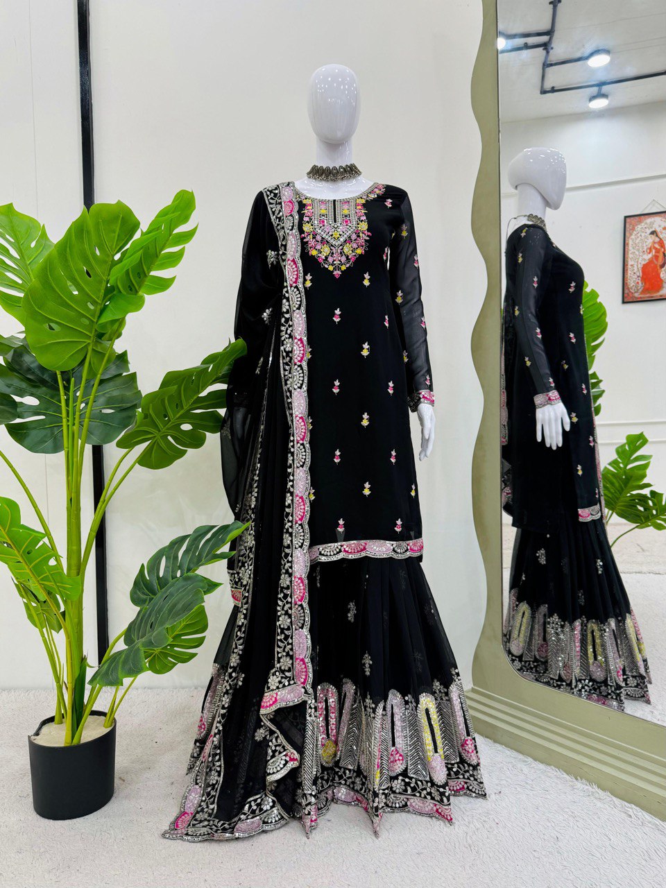 Festive Wear Black Color Faux Georgette And Thread With Sequence Work Sharara Suit