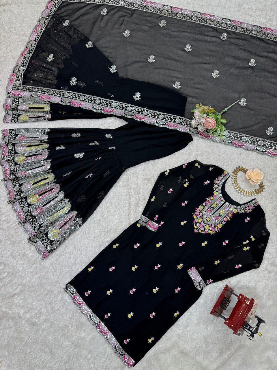 Festive Wear Black Color Faux Georgette And Thread With Sequence Work Sharara Suit