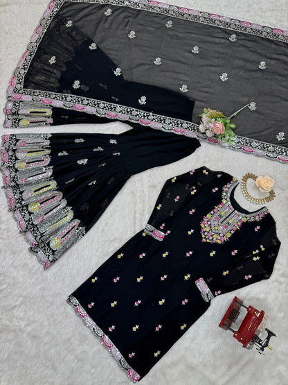 Festive Wear Black Color Faux Georgette And Thread With Sequence Work Sharara Suit