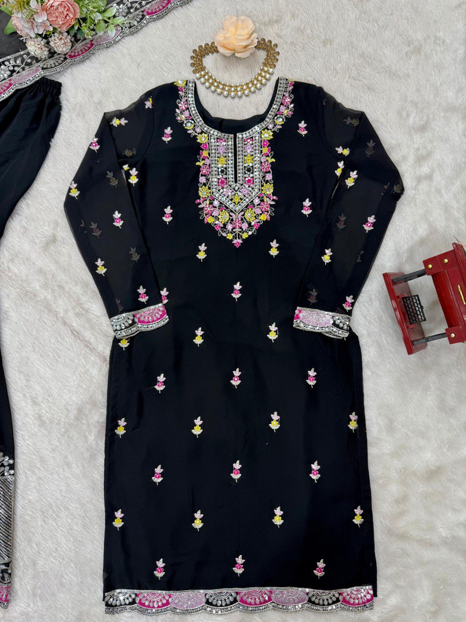 Festive Wear Black Color Faux Georgette And Thread With Sequence Work Sharara Suit