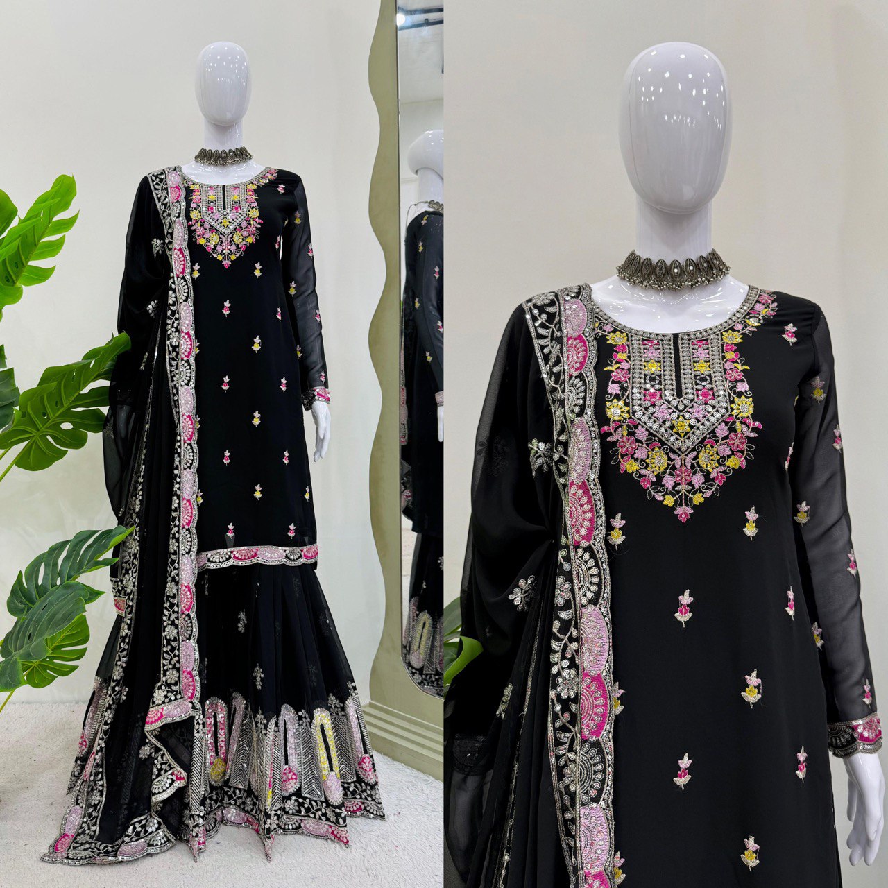 Festive Wear Black Color Faux Georgette And Thread With Sequence Work Sharara Suit