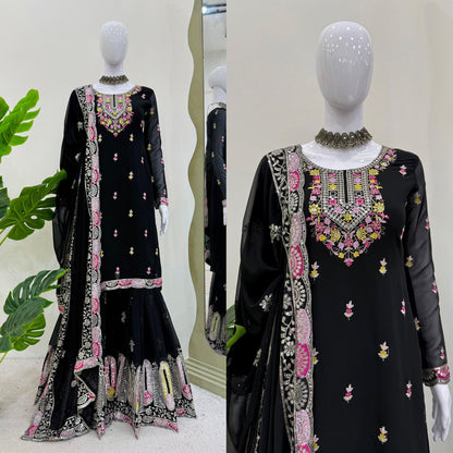 Festive Wear Black Color Faux Georgette And Thread With Sequence Work Sharara Suit