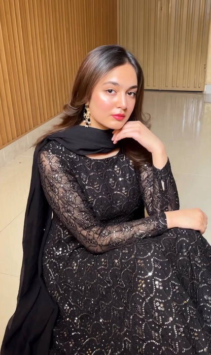 Party Wear Black Color Faux Blooming Sequins And Thread Embroidered Work Anarkali Suit