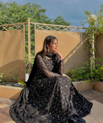 Party Wear Black Color Faux Blooming Sequins And Thread Embroidered Work Anarkali Suit