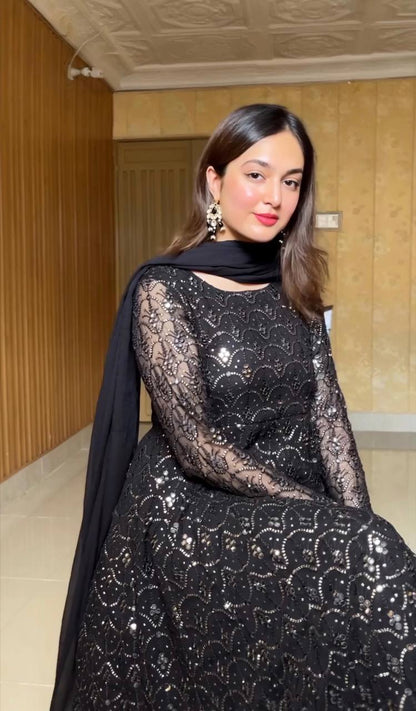 Party Wear Black Color Faux Blooming Sequins And Thread Embroidered Work Anarkali Suit