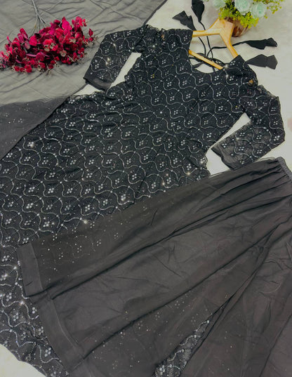 Party Wear Black Color Faux Blooming Sequins And Thread Embroidered Work Anarkali Suit