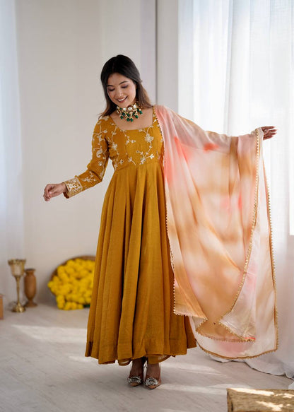 Haldi Wear Mustard Color Heavy Crunchy Silk Embroidered Gown