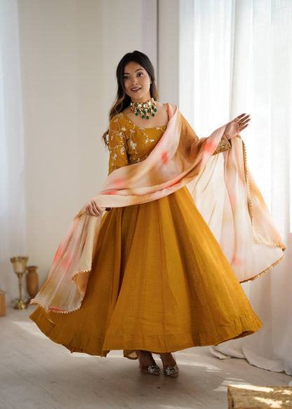 Haldi Wear Mustard Color Heavy Crunchy Silk Embroidered Gown