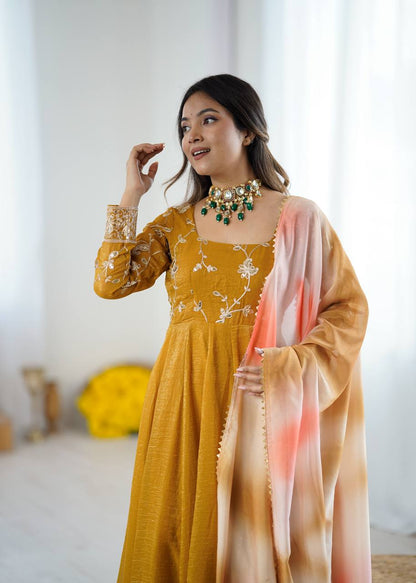 Haldi Wear Mustard Color Heavy Crunchy Silk Embroidered Gown