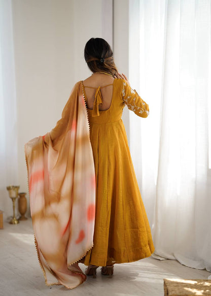 Haldi Wear Mustard Color Heavy Crunchy Silk Embroidered Gown