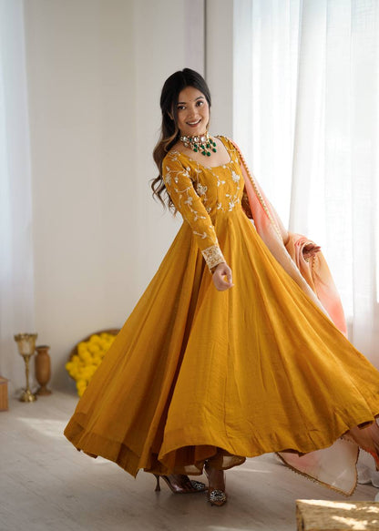 Haldi Wear Mustard Color Heavy Crunchy Silk Embroidered Gown