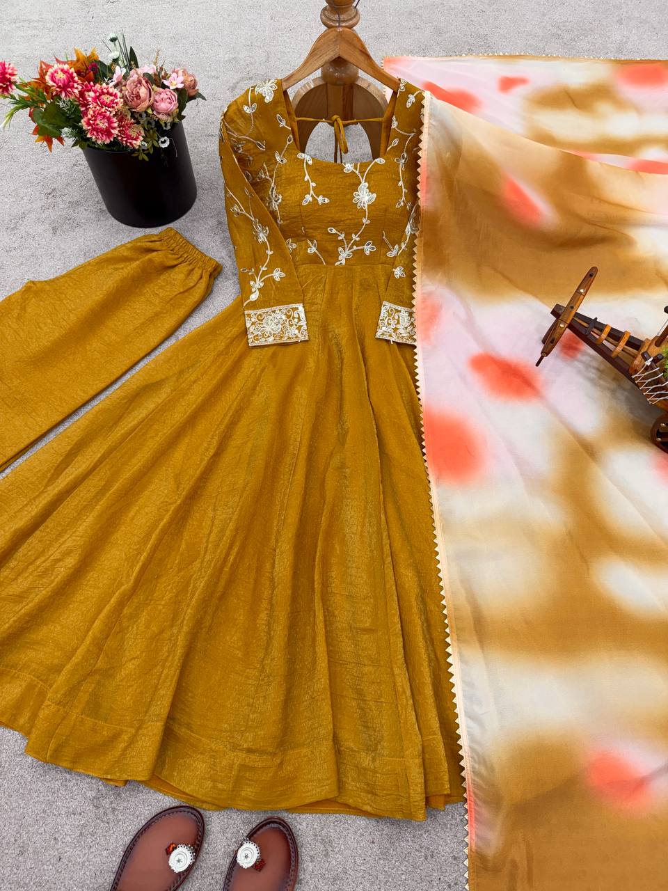 Haldi Wear Mustard Color Heavy Crunchy Silk Embroidered Gown