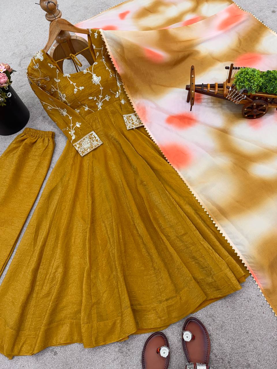 Haldi Wear Mustard Color Heavy Crunchy Silk Embroidered Gown