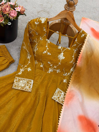 Haldi Wear Mustard Color Heavy Crunchy Silk Embroidered Gown