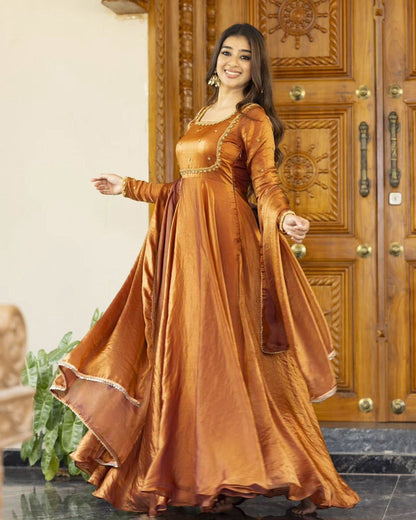 Wedding Wear Golden Color Fendi Silk Thread And Sequence Designer Gown